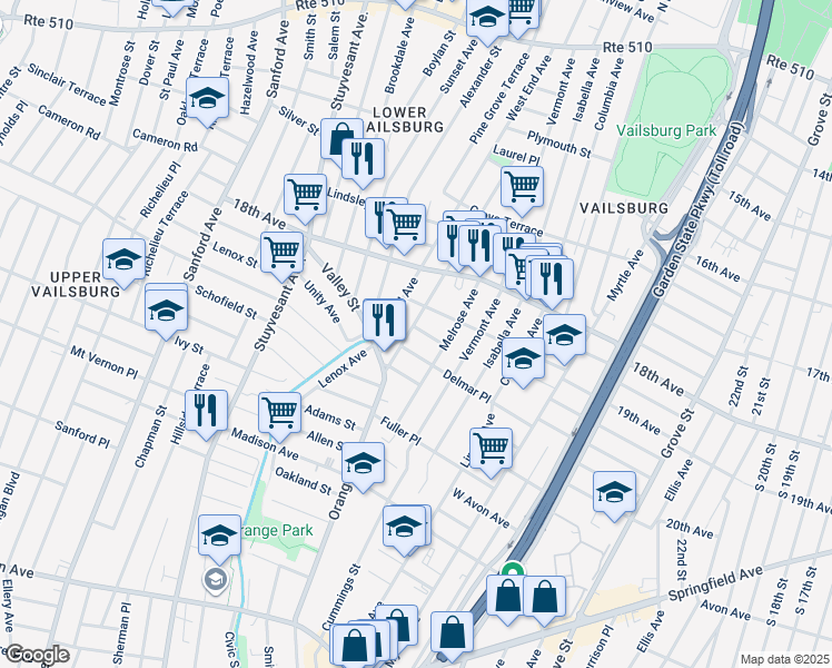 map of restaurants, bars, coffee shops, grocery stores, and more near 264 West End Avenue in Newark