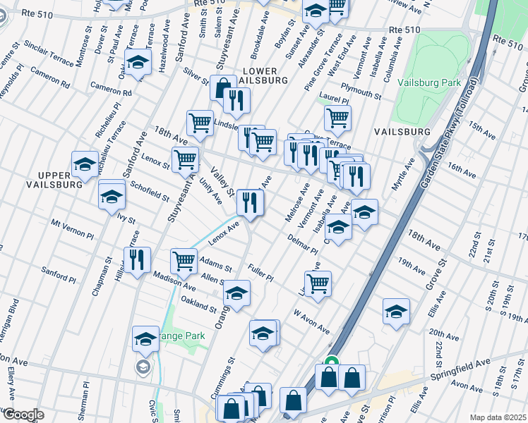 map of restaurants, bars, coffee shops, grocery stores, and more near 264 West End Avenue in Newark