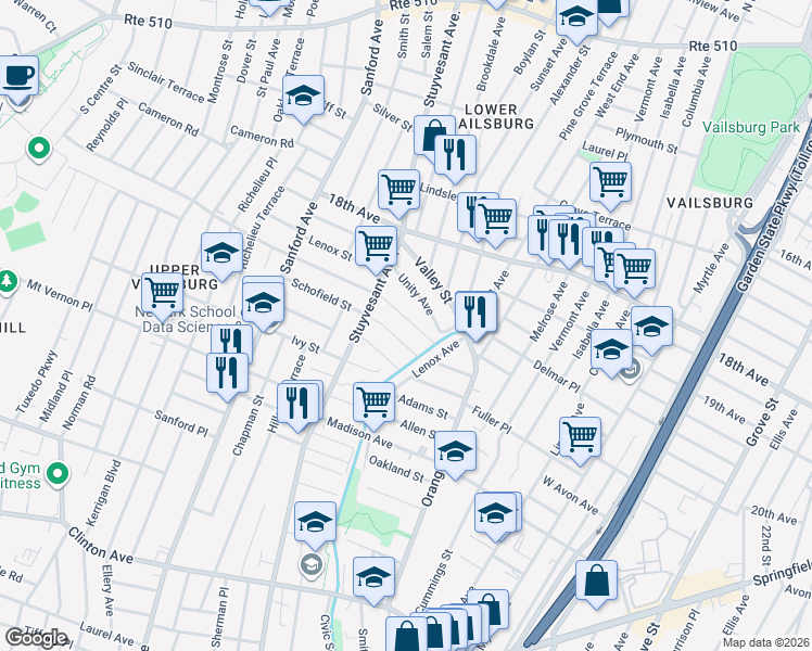 map of restaurants, bars, coffee shops, grocery stores, and more near 29-31 Underwood Street in Newark