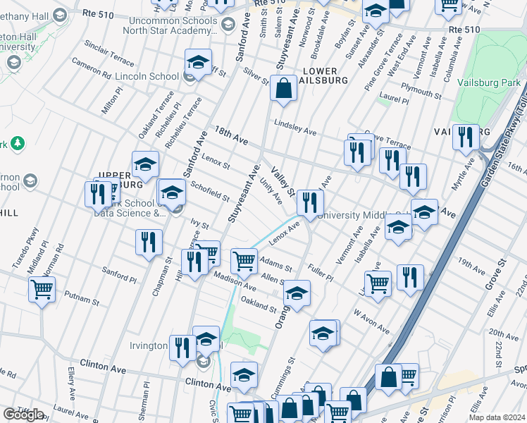 map of restaurants, bars, coffee shops, grocery stores, and more near 29-31 Underwood Street in Newark