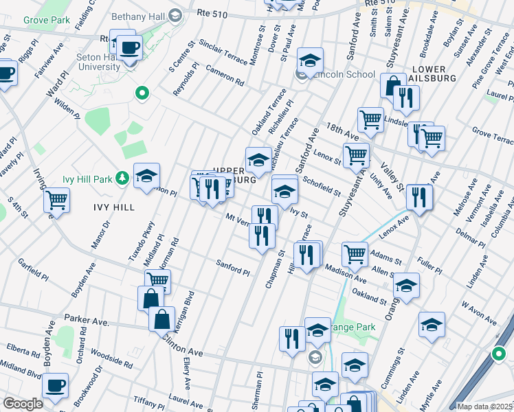 map of restaurants, bars, coffee shops, grocery stores, and more near 108 Ivy Street in Newark