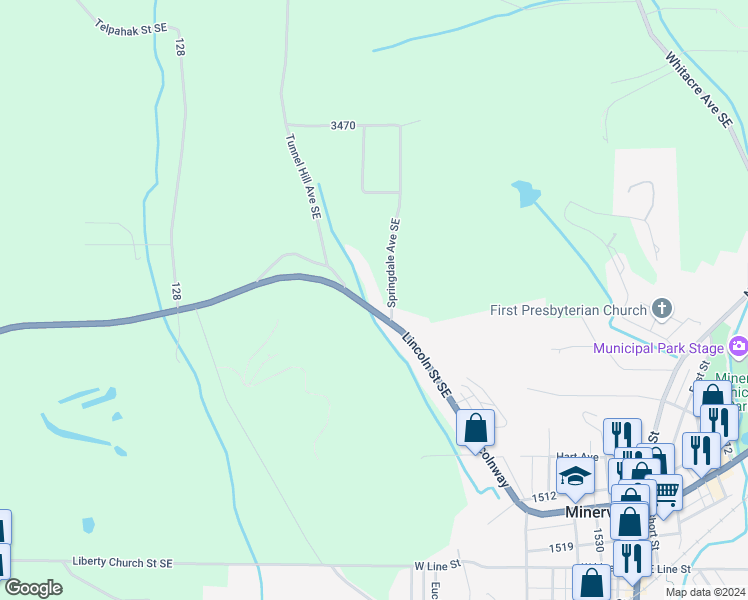 map of restaurants, bars, coffee shops, grocery stores, and more near 15341 Lincoln Street Southeast in Minerva