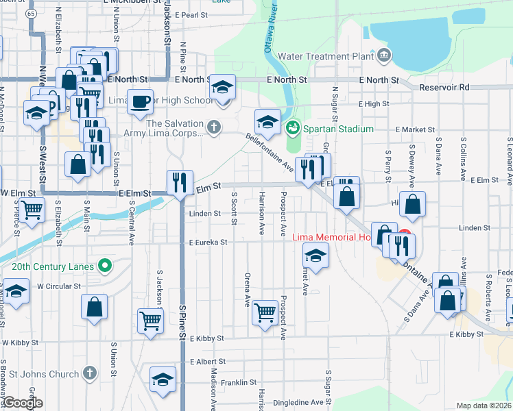map of restaurants, bars, coffee shops, grocery stores, and more near 222 Harrison Avenue in Lima