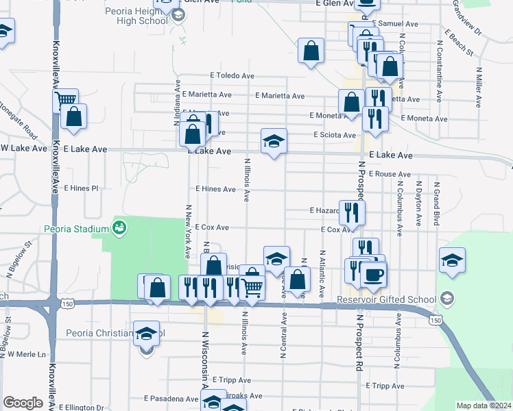 map of restaurants, bars, coffee shops, grocery stores, and more near 4103 North Illinois Avenue in Peoria Heights