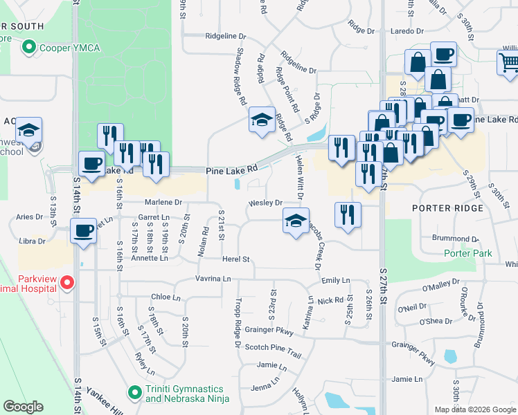 map of restaurants, bars, coffee shops, grocery stores, and more near 7151 South 22nd Street in Lincoln