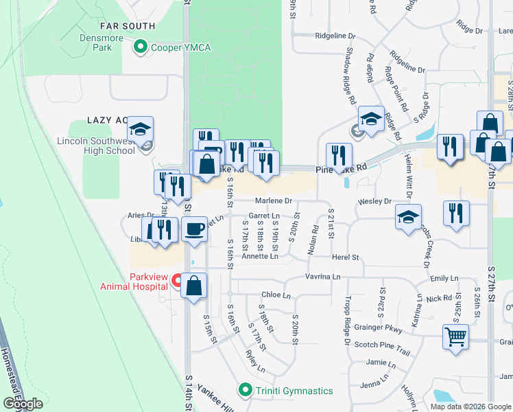 map of restaurants, bars, coffee shops, grocery stores, and more near 1700 Marlene Drive in Lincoln