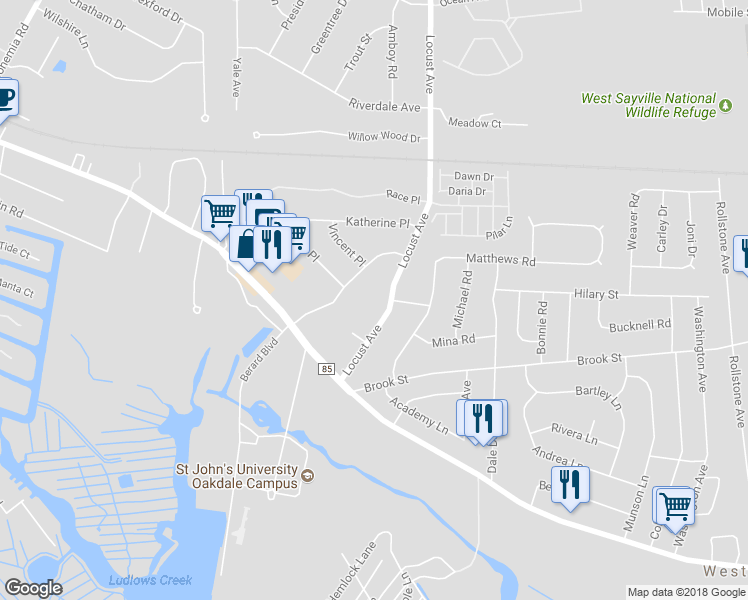 map of restaurants, bars, coffee shops, grocery stores, and more near 86 Locust Avenue in Oakdale