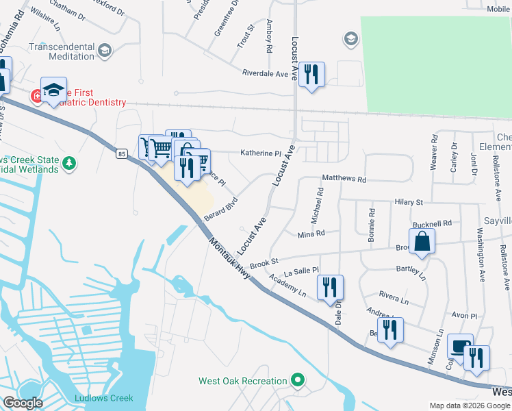 map of restaurants, bars, coffee shops, grocery stores, and more near 86 Locust Avenue in Oakdale