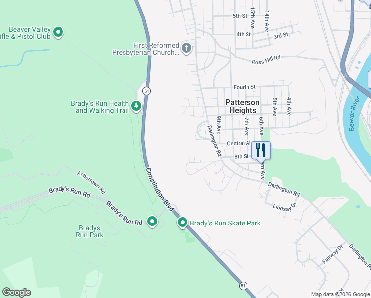 map of restaurants, bars, coffee shops, grocery stores, and more near 63 16/19 Darlington Road in Beaver Falls