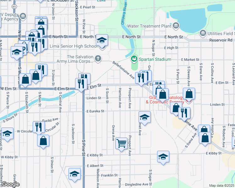 map of restaurants, bars, coffee shops, grocery stores, and more near 222 Harrison Avenue in Lima
