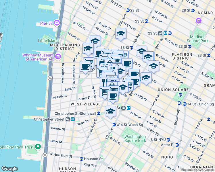map of restaurants, bars, coffee shops, grocery stores, and more near 87 Greenwich Avenue in New York