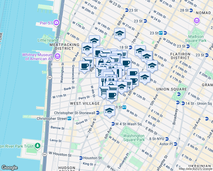 map of restaurants, bars, coffee shops, grocery stores, and more near 87 Greenwich Avenue in New York