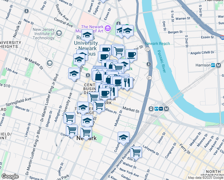 map of restaurants, bars, coffee shops, grocery stores, and more near 744 Broad Street in Newark