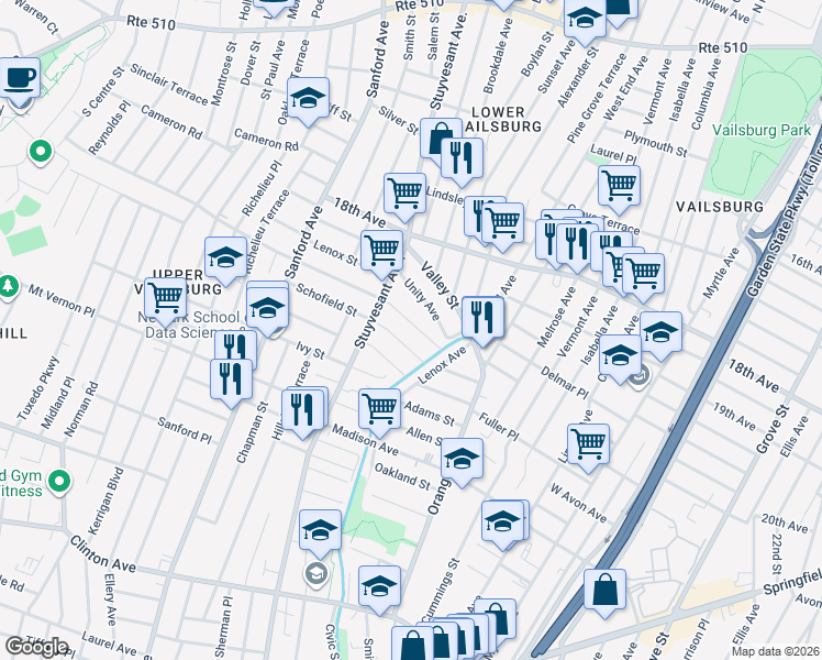 map of restaurants, bars, coffee shops, grocery stores, and more near 29-31 Underwood Street in Newark