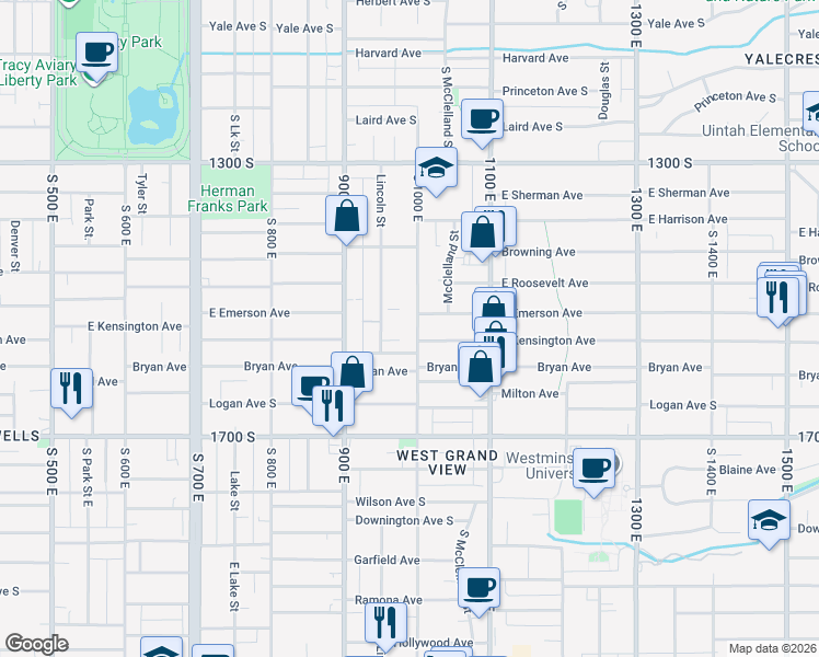 map of restaurants, bars, coffee shops, grocery stores, and more near 1520 South 1000 East in Salt Lake City