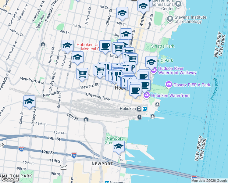 map of restaurants, bars, coffee shops, grocery stores, and more near 163 Newark Street in Hoboken