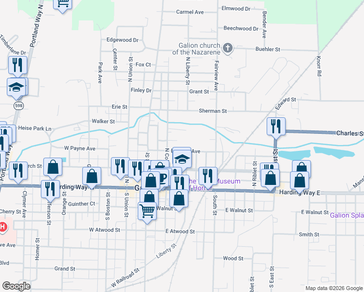 map of restaurants, bars, coffee shops, grocery stores, and more near 233 Jan Court in Galion