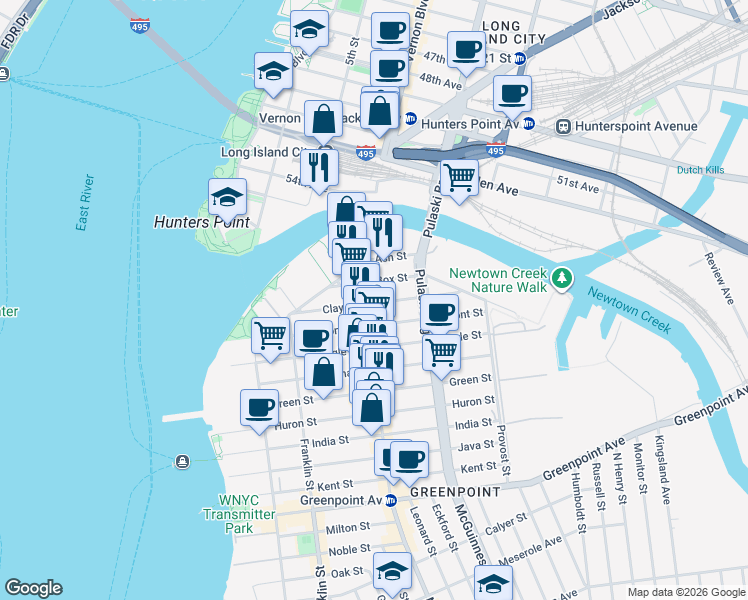 map of restaurants, bars, coffee shops, grocery stores, and more near 52 Box Street in Brooklyn
