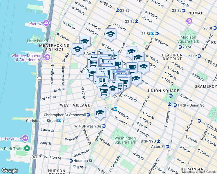 map of restaurants, bars, coffee shops, grocery stores, and more near 157 West 12th Street in New York