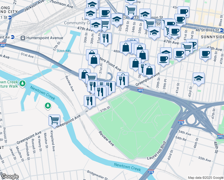map of restaurants, bars, coffee shops, grocery stores, and more near 51-10 35th Street in Queens
