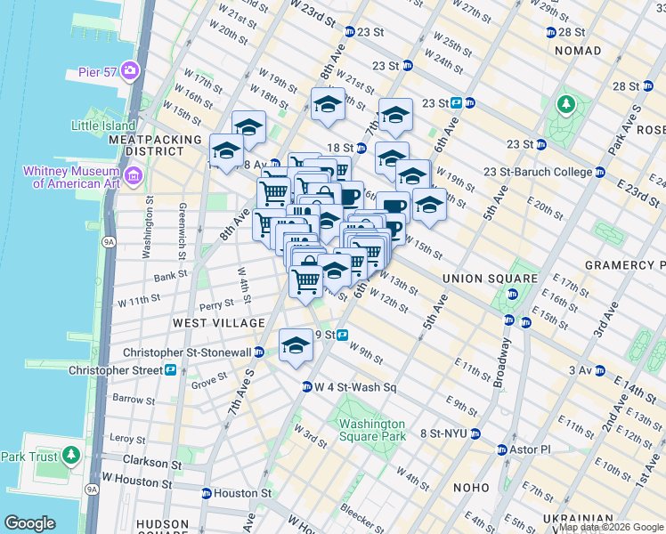 map of restaurants, bars, coffee shops, grocery stores, and more near 157 West 12th Street in New York