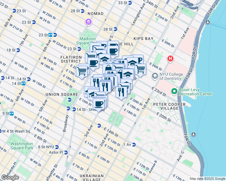 map of restaurants, bars, coffee shops, grocery stores, and more near in New York
