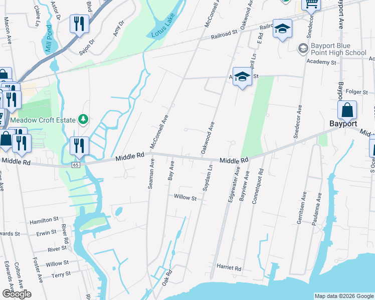 map of restaurants, bars, coffee shops, grocery stores, and more near 395 Middle Road in Bayport
