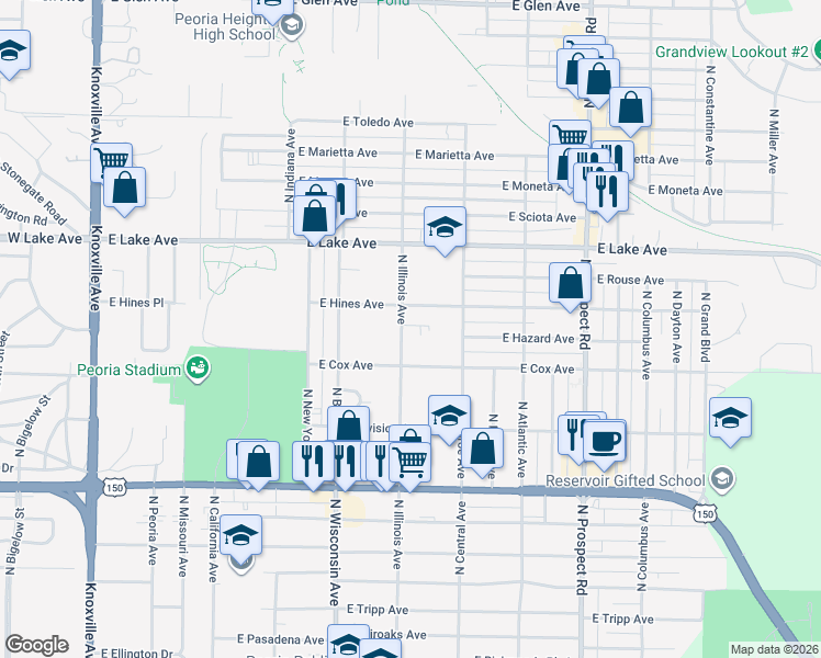 map of restaurants, bars, coffee shops, grocery stores, and more near 4026 North Illinois Avenue in Peoria Heights