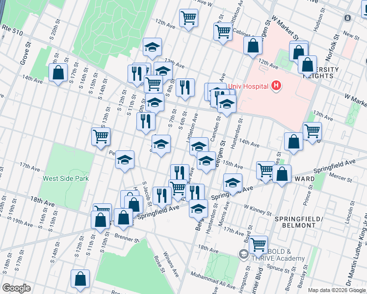 map of restaurants, bars, coffee shops, grocery stores, and more near in Newark