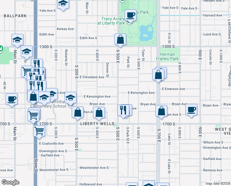 map of restaurants, bars, coffee shops, grocery stores, and more near 1514 South 500 East in Salt Lake City