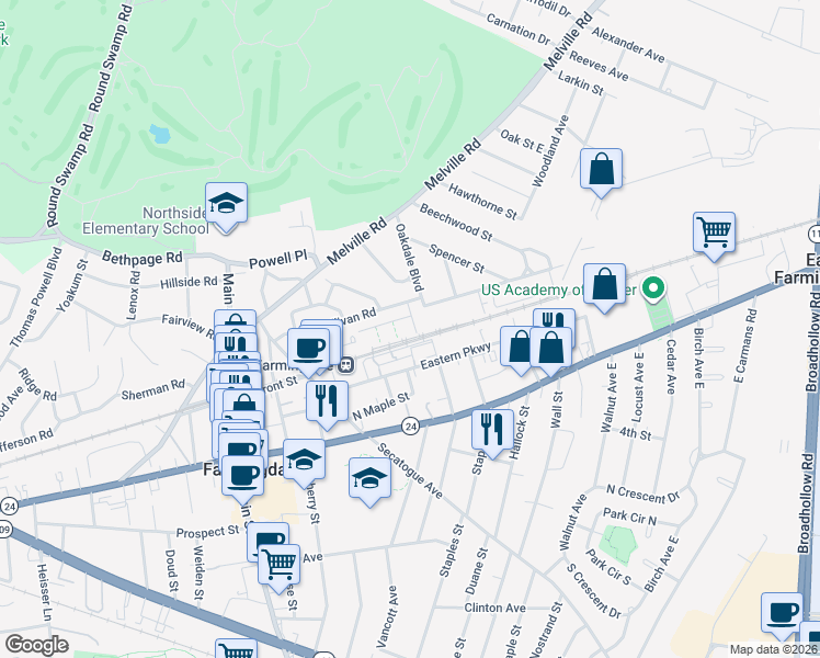 map of restaurants, bars, coffee shops, grocery stores, and more near 15 Ivy Street in Farmingdale