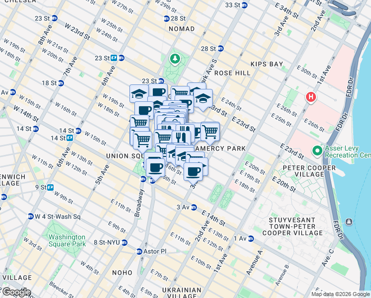 map of restaurants, bars, coffee shops, grocery stores, and more near 117 East 18th Street in New York