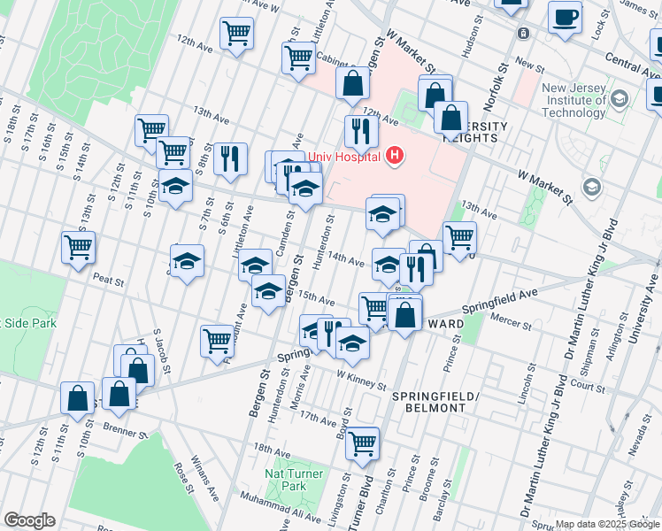 map of restaurants, bars, coffee shops, grocery stores, and more near 225 Hunterdon Street in Newark