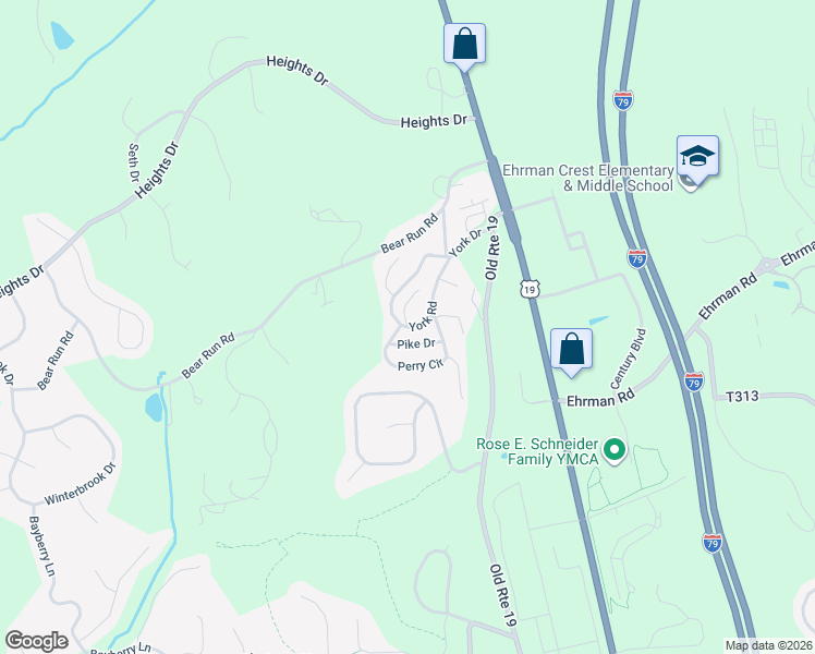 map of restaurants, bars, coffee shops, grocery stores, and more near 113 York Road in Cranberry Township