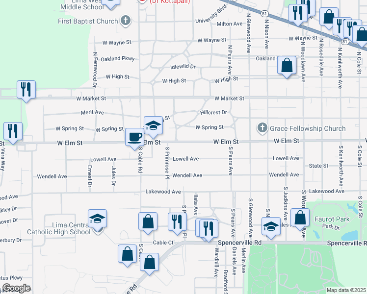map of restaurants, bars, coffee shops, grocery stores, and more near 2009 West Elm Street in Lima