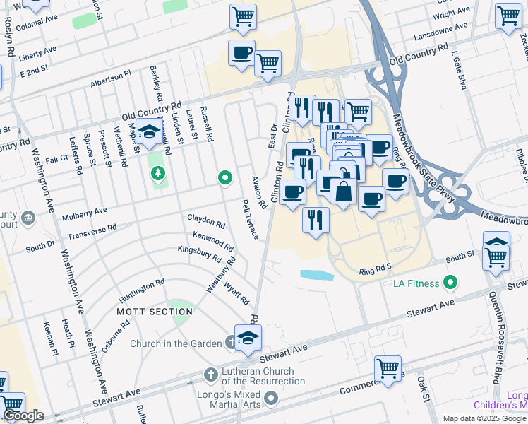 map of restaurants, bars, coffee shops, grocery stores, and more near 4 Avalon Road in Garden City