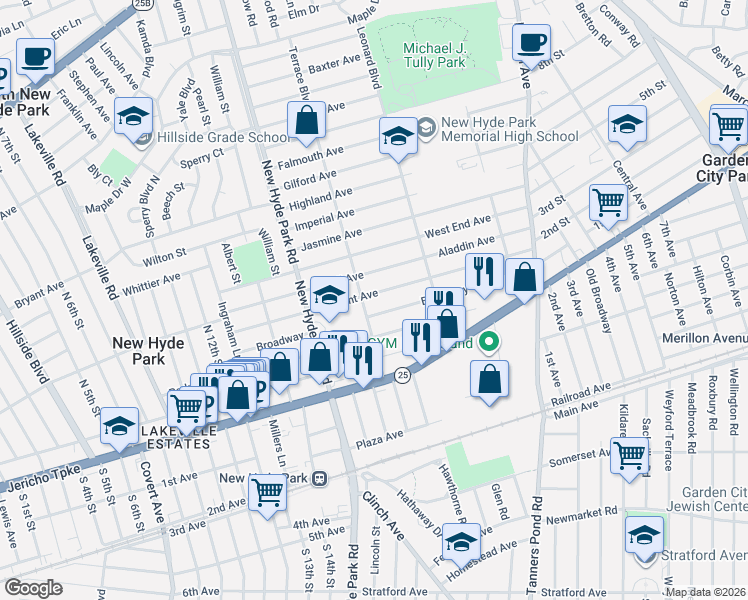 map of restaurants, bars, coffee shops, grocery stores, and more near 400 Terrace Boulevard in New Hyde Park