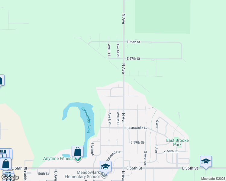 map of restaurants, bars, coffee shops, grocery stores, and more near 1109 East 66th Street Place in Kearney