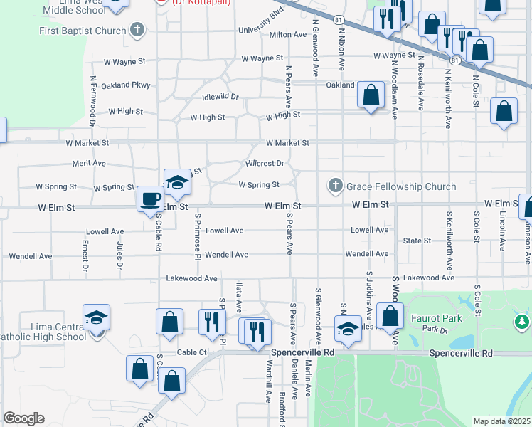 map of restaurants, bars, coffee shops, grocery stores, and more near 1831 W Elm St in Lima