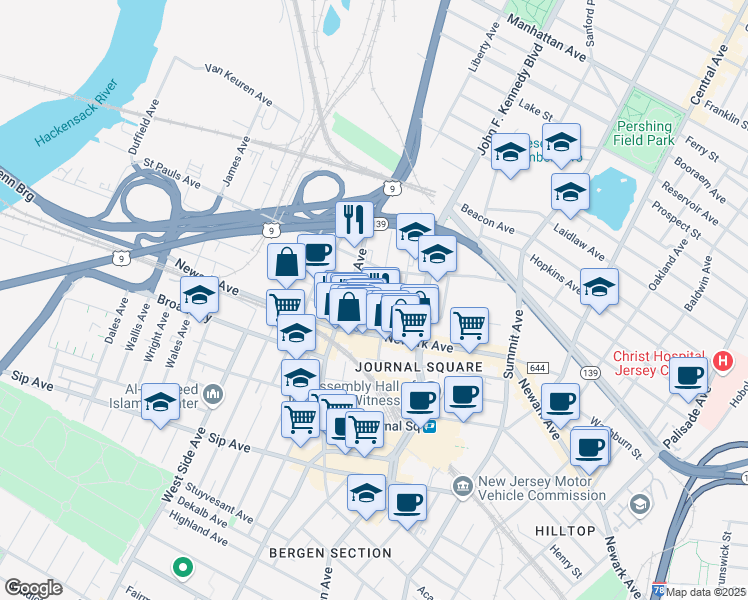 map of restaurants, bars, coffee shops, grocery stores, and more near 27 Liberty Avenue in Jersey City