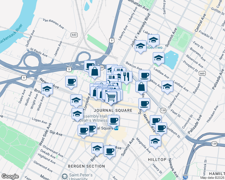 map of restaurants, bars, coffee shops, grocery stores, and more near 3040 John F. Kennedy Boulevard in Jersey City