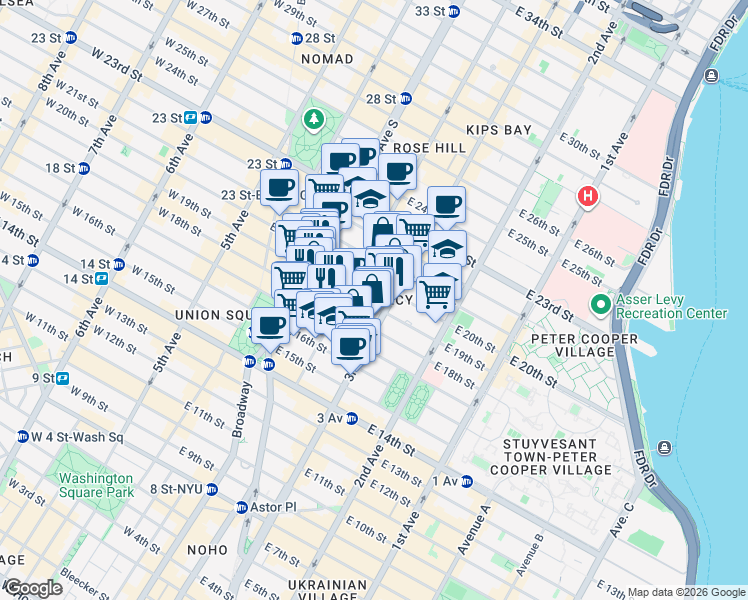 map of restaurants, bars, coffee shops, grocery stores, and more near 127 East 19th Street in New York