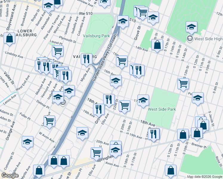 map of restaurants, bars, coffee shops, grocery stores, and more near 18 Montrose Terrace in Irvington
