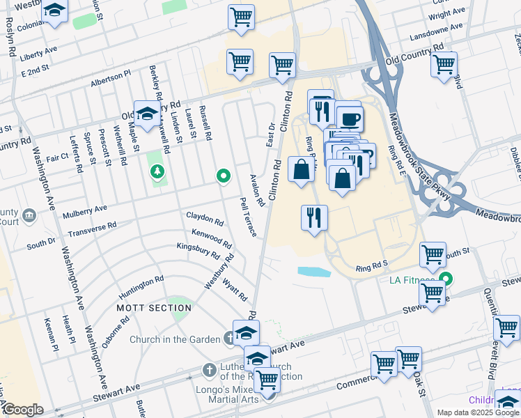 map of restaurants, bars, coffee shops, grocery stores, and more near 4 Avalon Road in Garden City