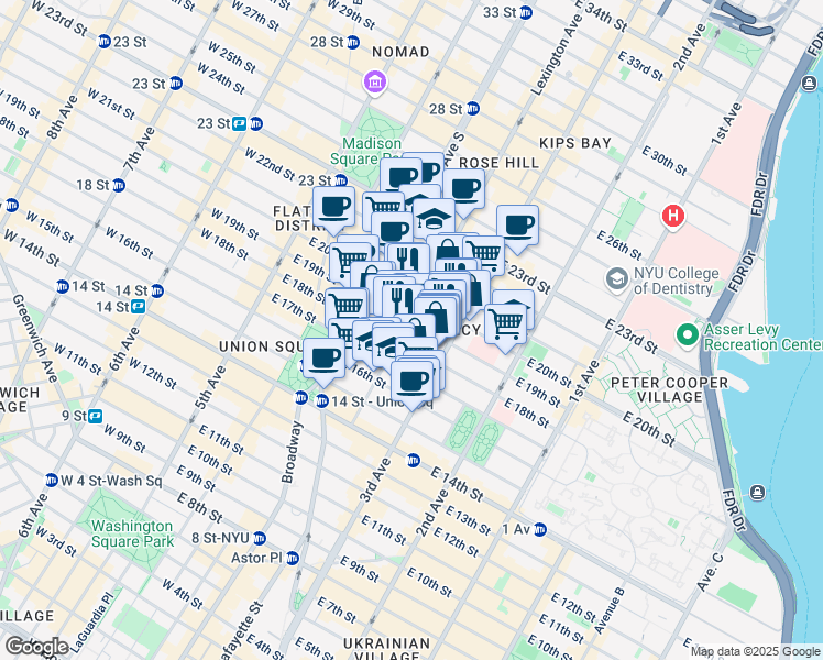 map of restaurants, bars, coffee shops, grocery stores, and more near 122 East 19th Street in New York