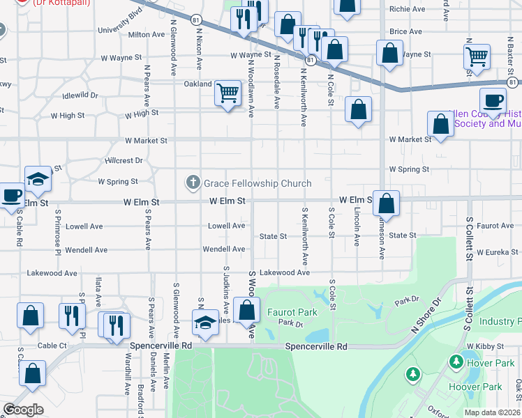 map of restaurants, bars, coffee shops, grocery stores, and more near 301 S Woodlawn Ave in Lima