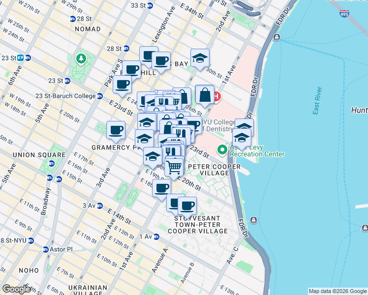 map of restaurants, bars, coffee shops, grocery stores, and more near 385 1st Avenue in New York