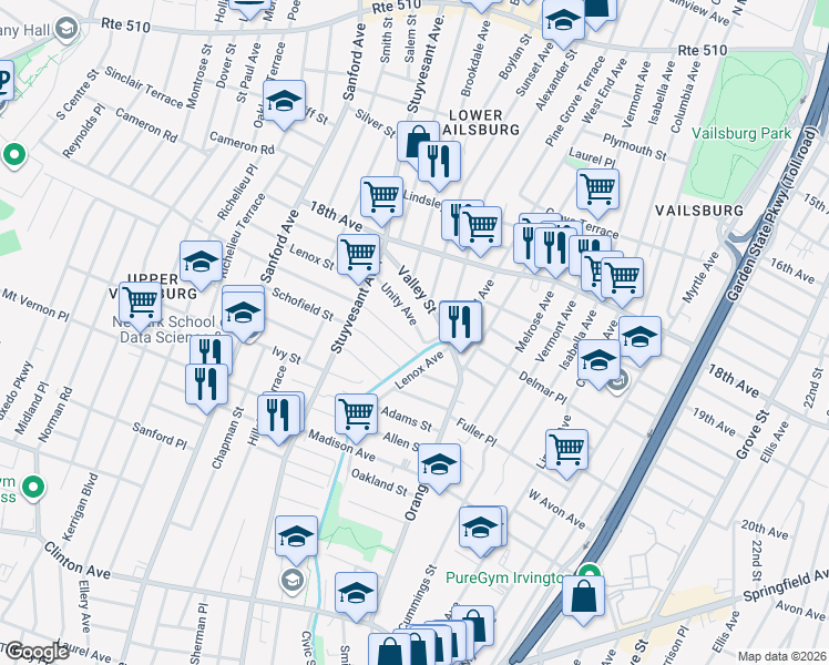 map of restaurants, bars, coffee shops, grocery stores, and more near 29-31 Underwood Street in Newark