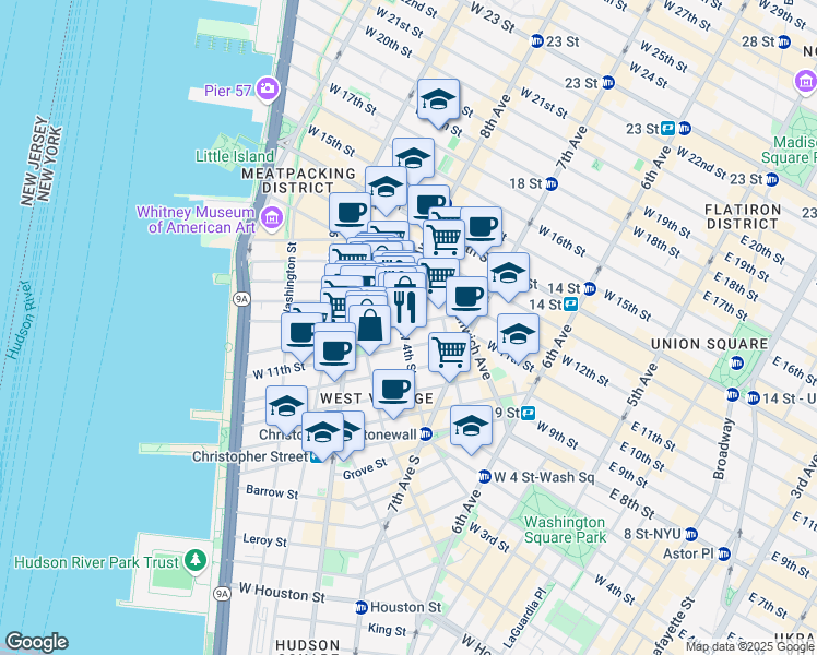 map of restaurants, bars, coffee shops, grocery stores, and more near 50 Bank Street in New York