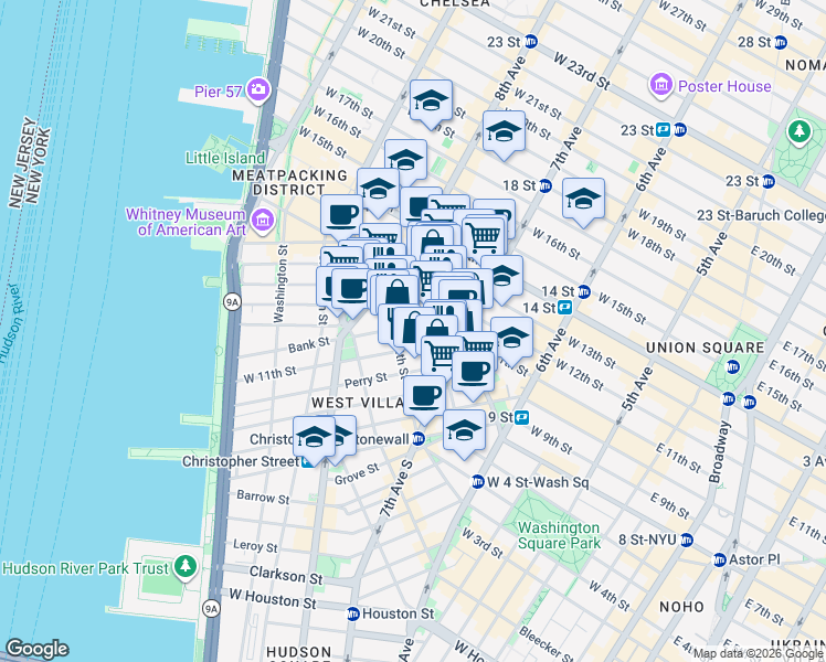 map of restaurants, bars, coffee shops, grocery stores, and more near 18 Bank Street in New York